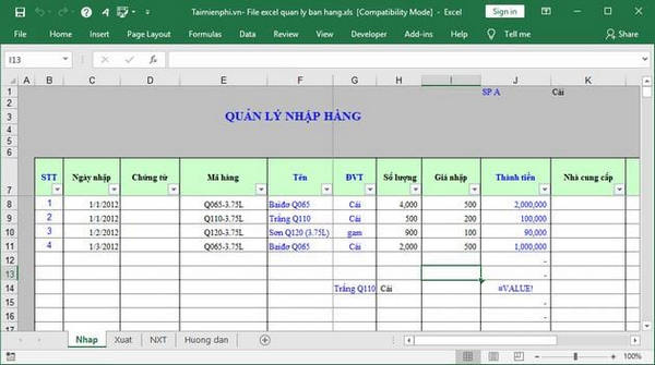 quản lý hàng hóa bằng excel